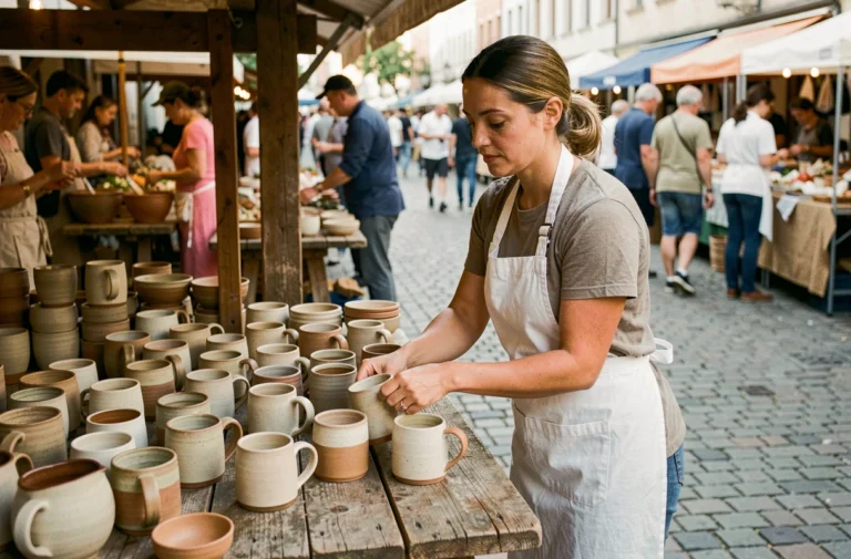 Femme entrepreneur sans diplôme tenant un stand de céramiques artisanales sur un marché en plein air