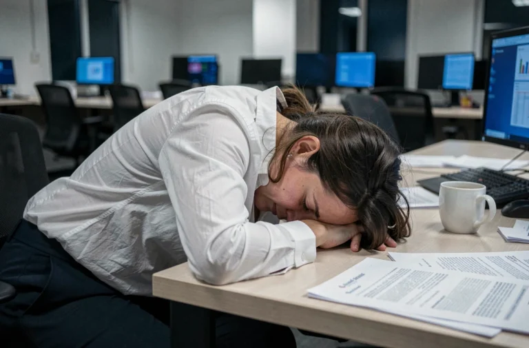 Femme épuisée effondrée sur son bureau au bureau, illustrant le stade avancé du burn-out
