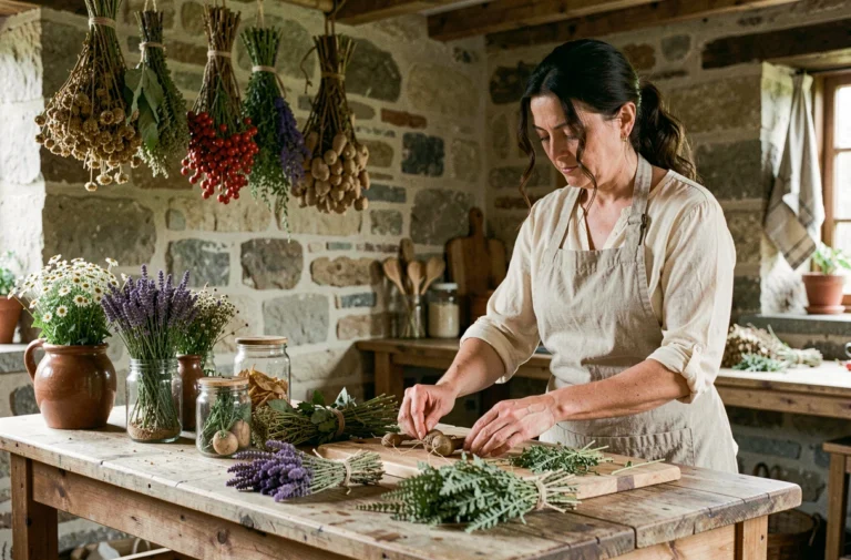 Femme herboriste arrangeant des plantes médicinales séchées sur une table en bois rustique dans une cuisine traditionnelle