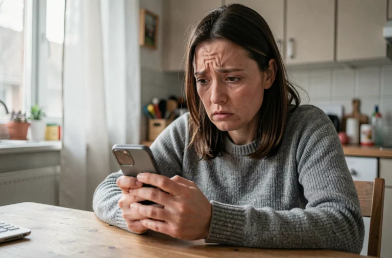 Femme inquiète regardant son smartphone après avoir reçu des messages d'un harceleur téléphonique