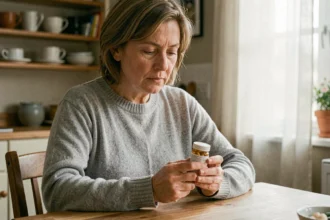 Femme d'âge mûr tenant un flacon de médicaments anxiolytiques dans une cuisine chaleureuse