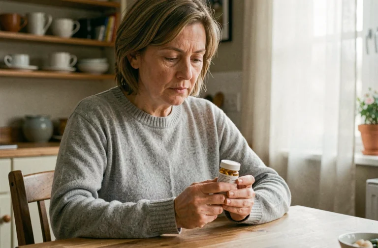 Femme d'âge mûr tenant un flacon de médicaments anxiolytiques dans une cuisine chaleureuse