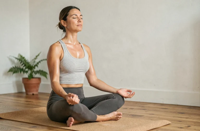 Femme en tenue de yoga assise en méditation sur un tapis en liège après une séance, légèrement en sueur dans un studio minimaliste