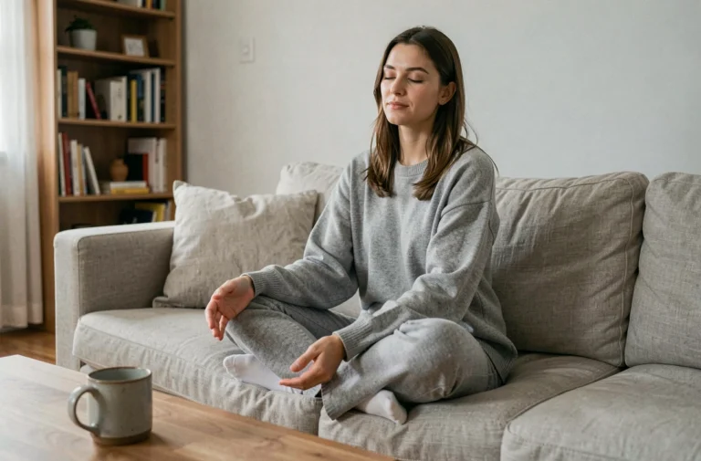 Femme en train de méditer sur un canapé en lin dans un salon minimaliste, illustrant la récupération du cerveau après le stress