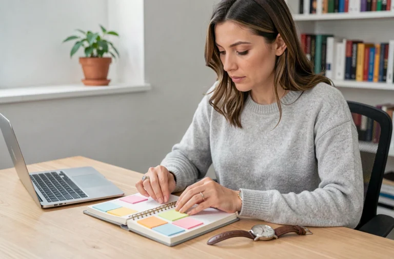 Femme organisée planifiant sa journée dans un agenda papier avec des notes colorées pour optimiser la gestion du temps