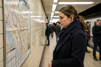 Femme consultant le plan du métro ligne 10 sur un quai parisien en soirée
