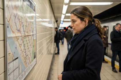 Femme consultant le plan du métro ligne 10 sur un quai parisien en soirée