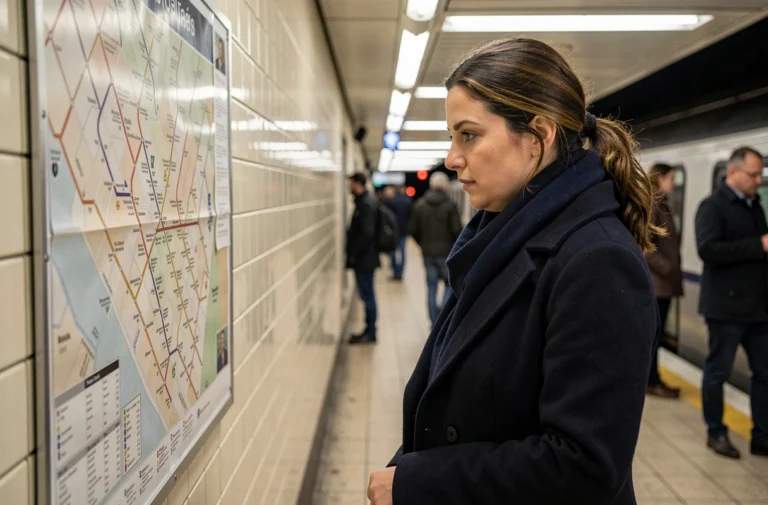 Femme consultant le plan du métro ligne 10 sur un quai parisien en soirée
