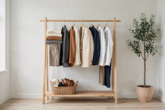 Penderie capsule minimaliste avec vêtements coordonnés en palette neutre sur un portant en bois dans une pièce scandinave