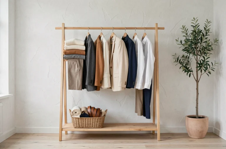Penderie capsule minimaliste avec vêtements coordonnés en palette neutre sur un portant en bois dans une pièce scandinave