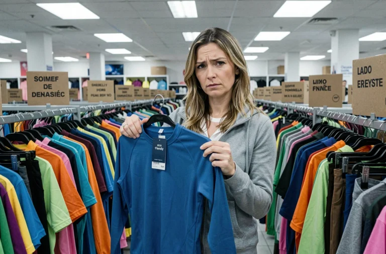 Femme tenant une étiquette éco-responsable dans un magasin de fast fashion, illustrant le greenwashing dans le marketing de la mode durable