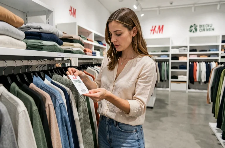 Femme examinant une étiquette de vêtement recyclé dans un magasin H&M, illustrant la démarche d'économie circulaire de la marque
