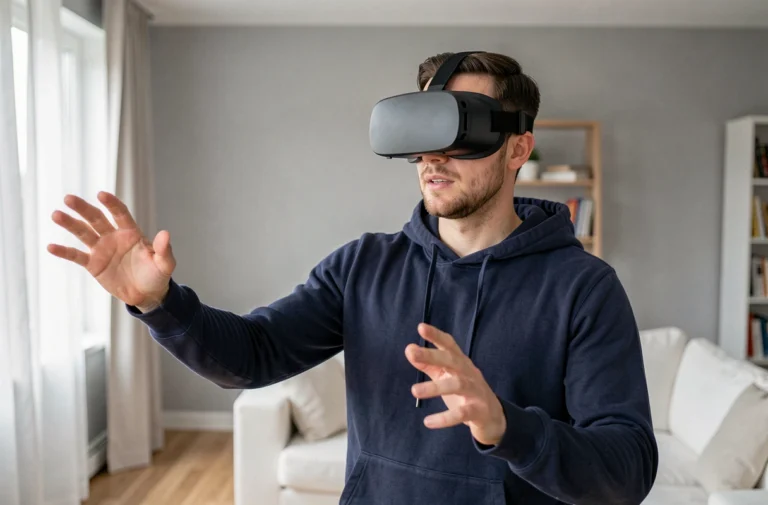Homme portant un casque de réalité virtuelle dans un salon moderne, illustrant l'immersion totale en VR