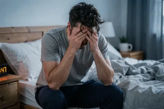 Homme fatigué assis au bord du lit tôt le matin, se frottant les yeux avec une expression épuisée