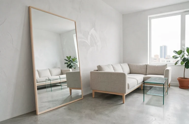 Salon minimaliste avec grand miroir au sol créant une illusion d'espace dans un appartement urbain