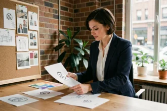 Directrice artistique travaillant sur des éléments d'identité visuelle de marque dans un studio de branding moderne