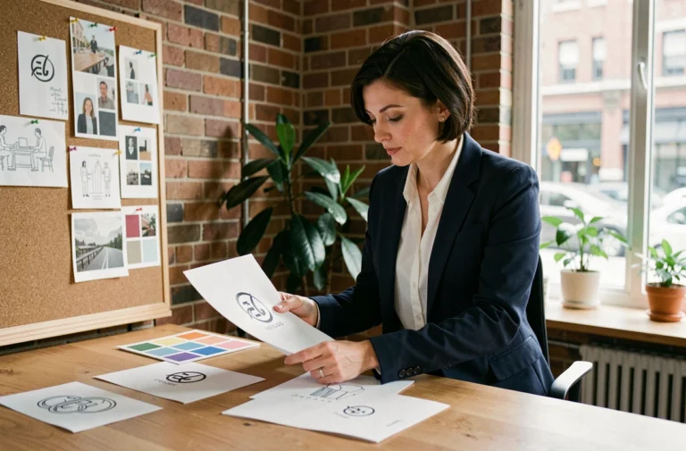 Directrice artistique travaillant sur des éléments d'identité visuelle de marque dans un studio de branding moderne