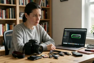 Femme frustrée tenant un appareil photo numérique devant un bureau encombré de cartes mémoire et câbles USB, illustrant les inconvénients techniques des appareils photo numériques