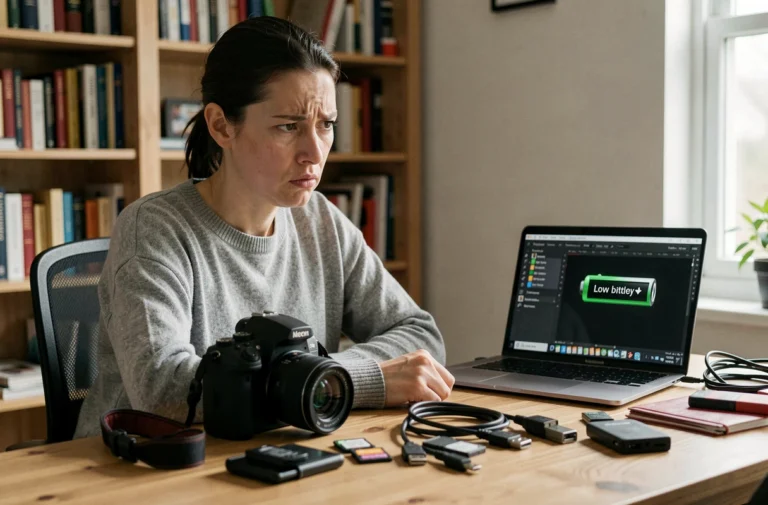Femme frustrée tenant un appareil photo numérique devant un bureau encombré de cartes mémoire et câbles USB, illustrant les inconvénients techniques des appareils photo numériques