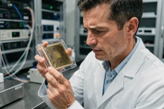 Ingénieur examinant un processeur d'ordinateur quantique dans un laboratoire de recherche moderne
