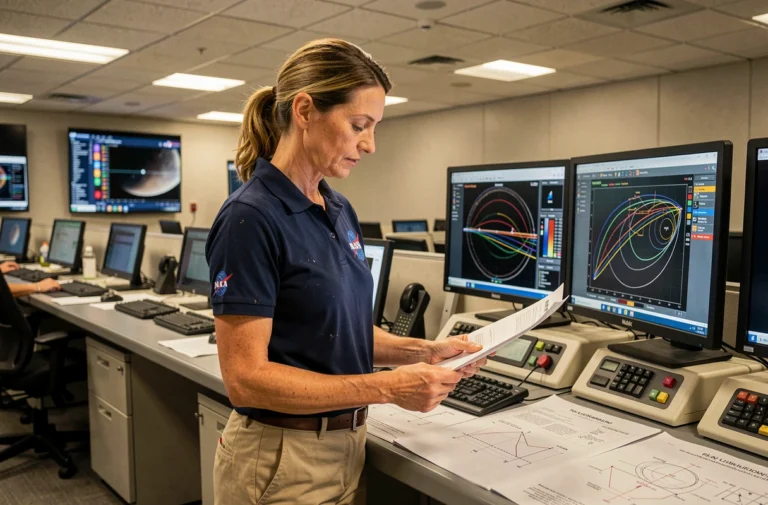 Ingénieure aérospatiale de la NASA au travail dans une salle de contrôle de mission avec des écrans de données orbitales