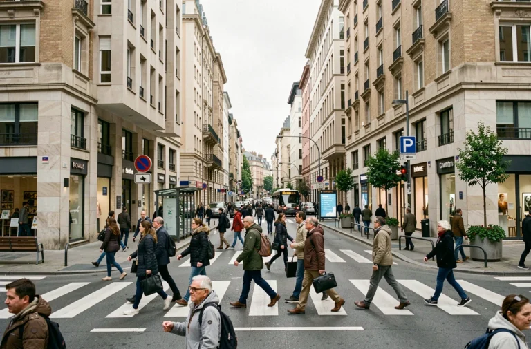 Intersection animée d'une zone urbaine européenne avec piétons et commerces en centre-ville