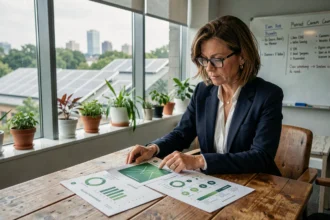 Femme professionnelle analysant un portefeuille d'investissement éthique et ESG dans un bureau moderne avec vue sur des panneaux solaires urbains