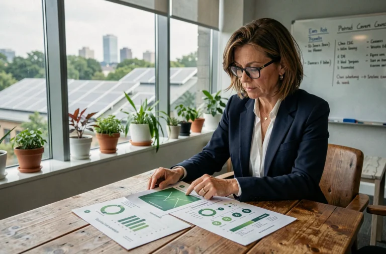 Femme professionnelle analysant un portefeuille d'investissement éthique et ESG dans un bureau moderne avec vue sur des panneaux solaires urbains