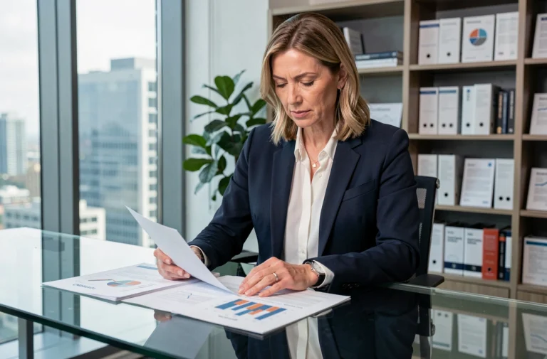 Investisseuse professionnelle analysant des documents financiers et des graphiques de portefeuille dans un bureau moderne en ville
