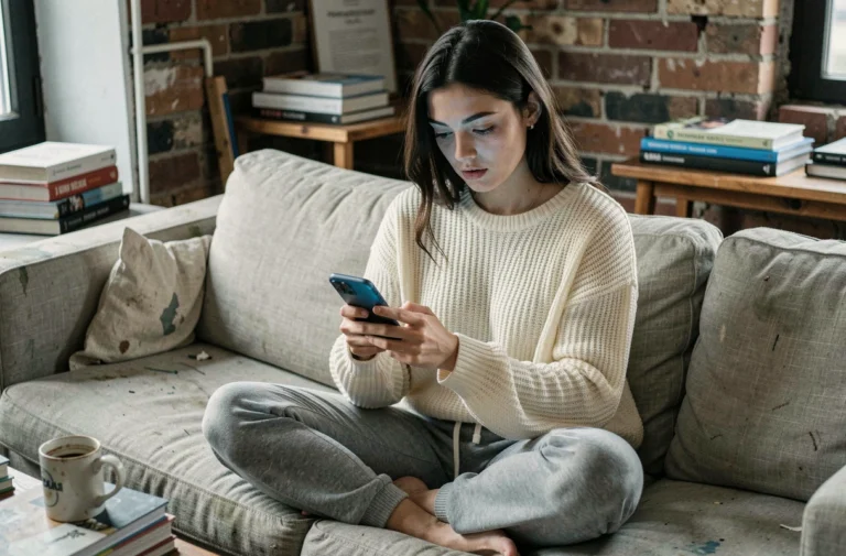 Jeune femme absorbée par son smartphone sur un canapé, illustrant l'influence des réseaux sociaux sur le quotidien