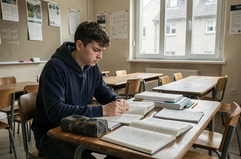 Lycéen français frustré devant un exercice de mathématiques dans une salle de classe traditionnelle en France