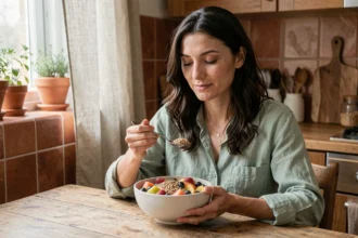 Femme mangeant intuitivement un bol coloré dans une cuisine chaleureuse en pleine conscience