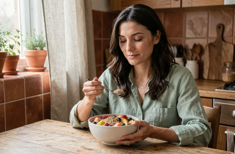 Femme mangeant intuitivement un bol coloré dans une cuisine chaleureuse en pleine conscience