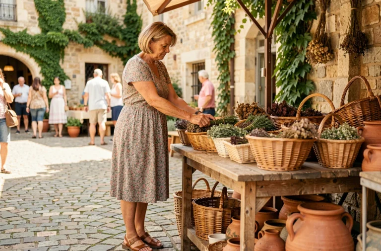 Femme d'âge mûr vendant des produits artisanaux dans un marché rural provençal, illustration de la vrade et des traditions régionales