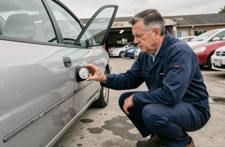 Mécanicien professionnel inspectant le kilométrage d'une voiture d'occasion dans un parking de concessionnaire