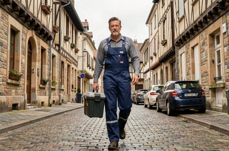 Un plombier professionnel en bleu de travail marchant dans une rue typique de Dijon avec une boîte à outils, illustrant le guide des meilleurs plombiers de la ville