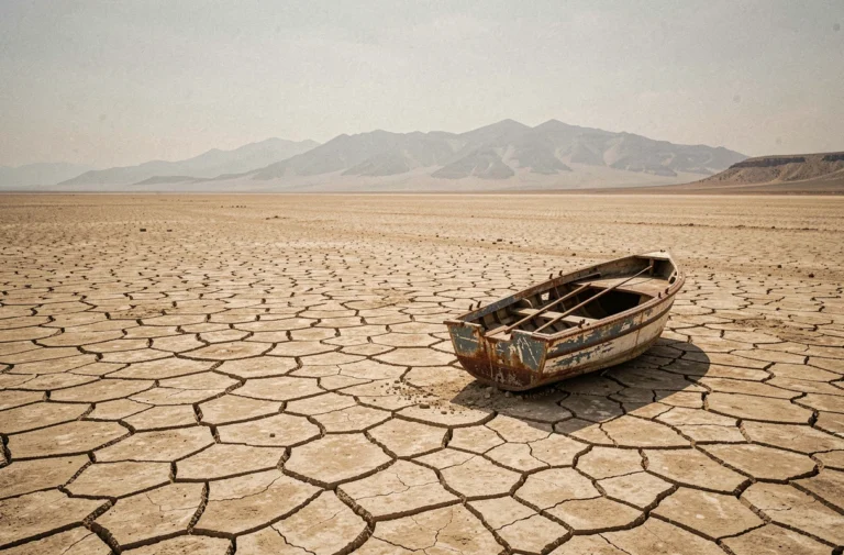 Lit asséché de la mer d'Aral avec un bateau rouillé abandonné sur la terre craquelée, paysage désertique illustrant la disparition d'une mer
