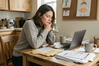 Mère célibataire assise à une table de cuisine avec des documents administratifs et un ordinateur portable, l'air préoccupée