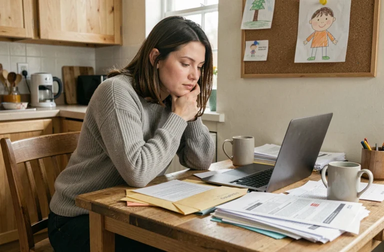 Mère célibataire assise à une table de cuisine avec des documents administratifs et un ordinateur portable, l'air préoccupée