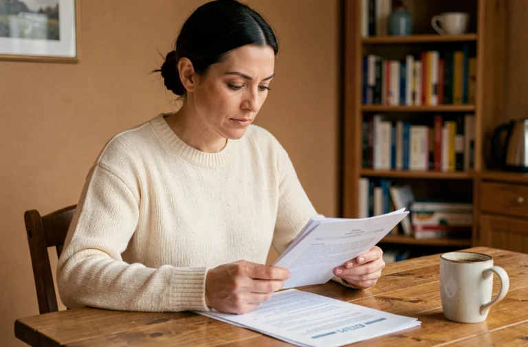 Mère célibataire consultant des documents administratifs pour l'allocation de soutien familial à domicile