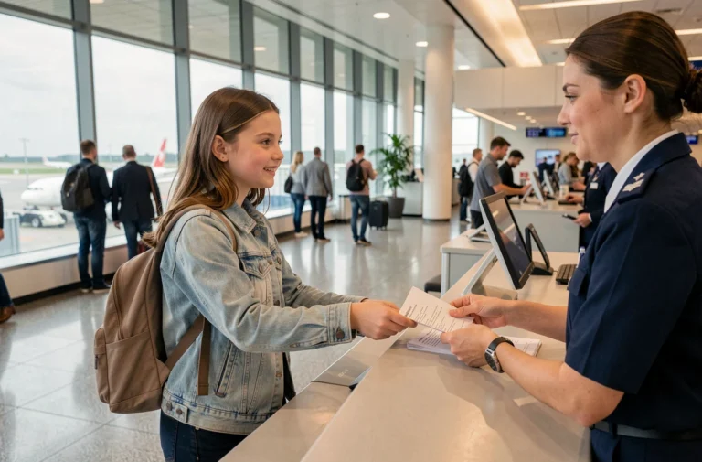 Jeune adolescente remettant ses documents à un agent Delta Airlines au comptoir d'enregistrement pour mineurs non accompagnés