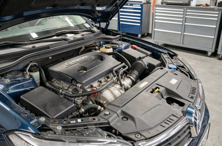 Moteur essence turbo quatre cylindres d'une berline européenne en parfait état sous le capot ouvert dans un atelier mécanique