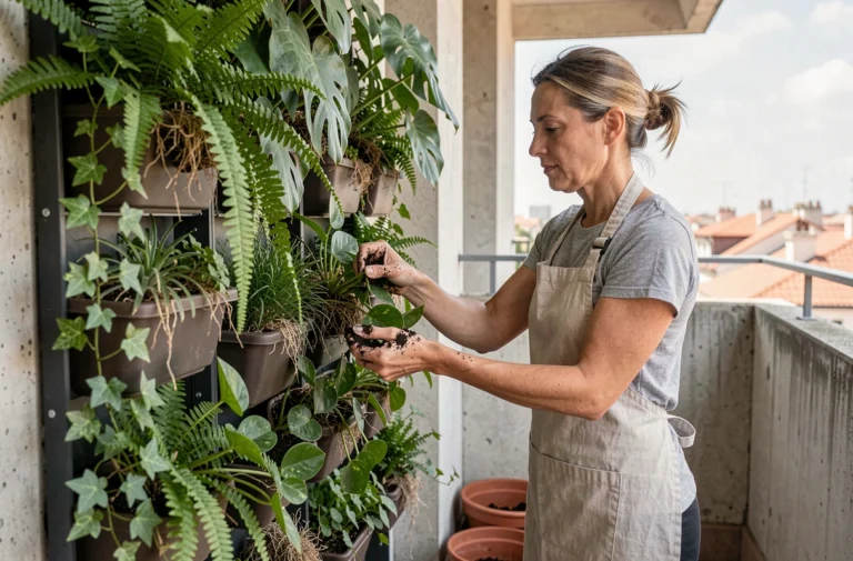 Femme installant des plantes dans un mur végétal modulaire sur un balcon urbain en béton