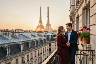 Vue panoramique de Paris avec la Tour Eiffel en arrière-plan et un couple sur une terrasse de Montmartre, illustrant Paris ville de l'Amour