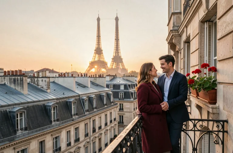 Vue panoramique de Paris avec la Tour Eiffel en arrière-plan et un couple sur une terrasse de Montmartre, illustrant Paris ville de l'Amour