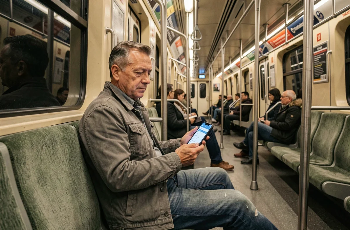 Passager consultant les horaires du métro nocturne ligne 10 dans une rame en soirée