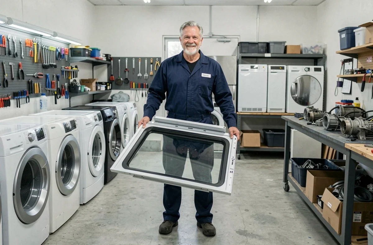 Jean-Marie Auguste Perrot transportant un panneau de réfrigérateur réparé dans son atelier en Essonne