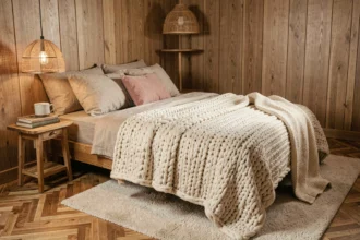 Petite chambre cocooning avec plaid en tricot épais, literie en lin et table de chevet en bois brut