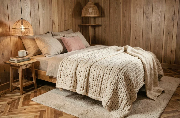 Petite chambre cocooning avec plaid en tricot épais, literie en lin et table de chevet en bois brut