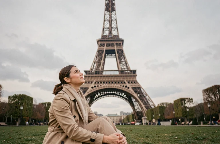 Femme assise sur le Champ-de-Mars admirant la Tour Eiffel à Paris sous un ciel nuageux